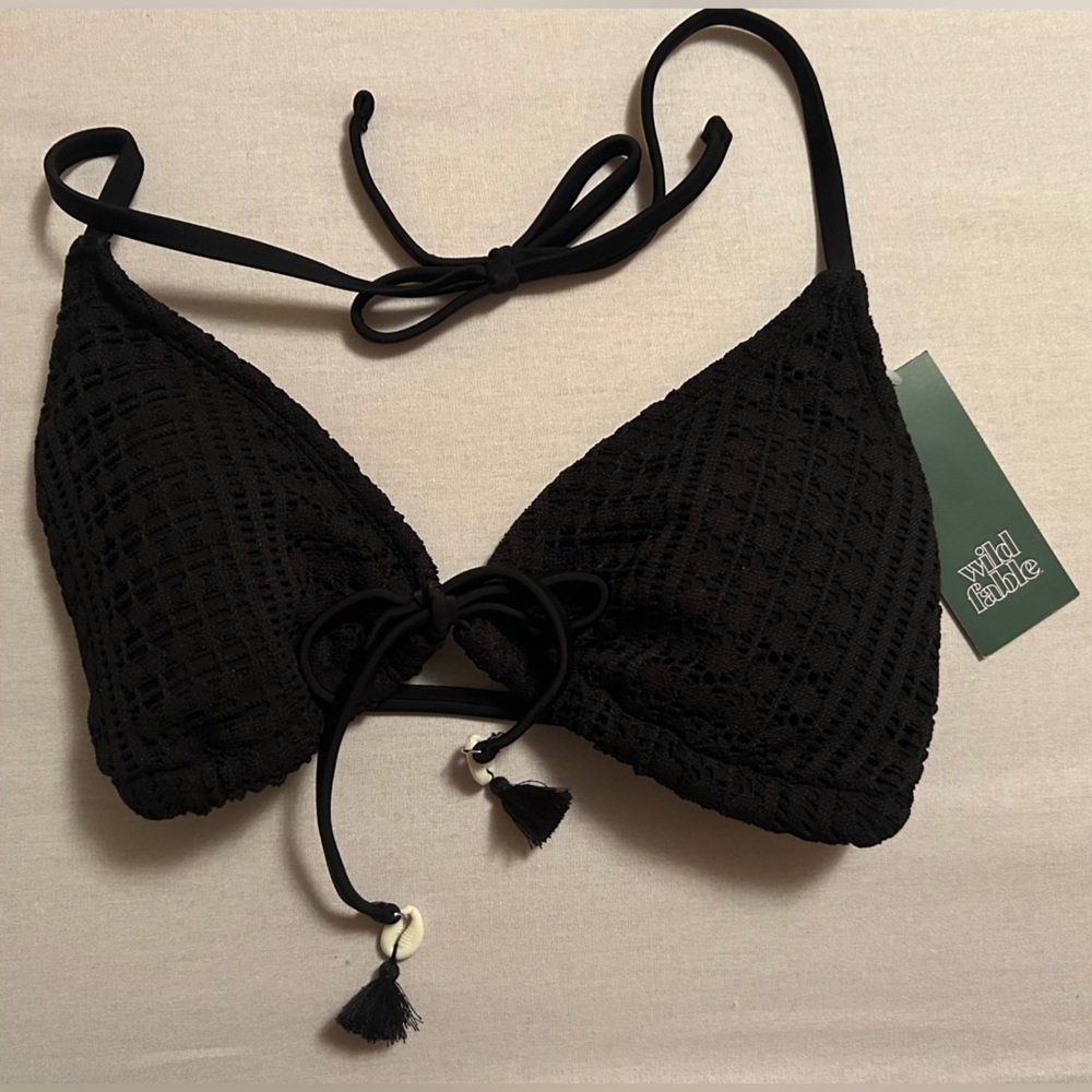 Wild Fable Black Crochet Triangle Bikini Top Tassel Tie Halter Mix & Match NWT